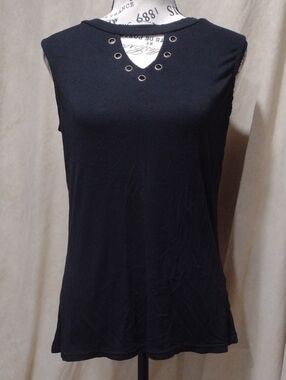 Carol Rose Black Sleeveless V-Neck Tank with Grommet Detail